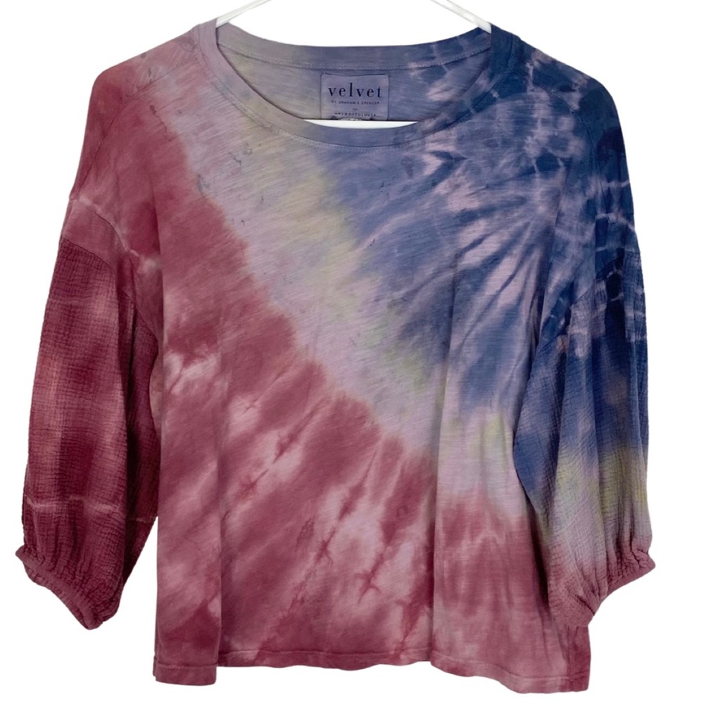 Velvet x Graham & Spencer Tie Dye Top Womens Size Small Balloon Sleeve Red Blue